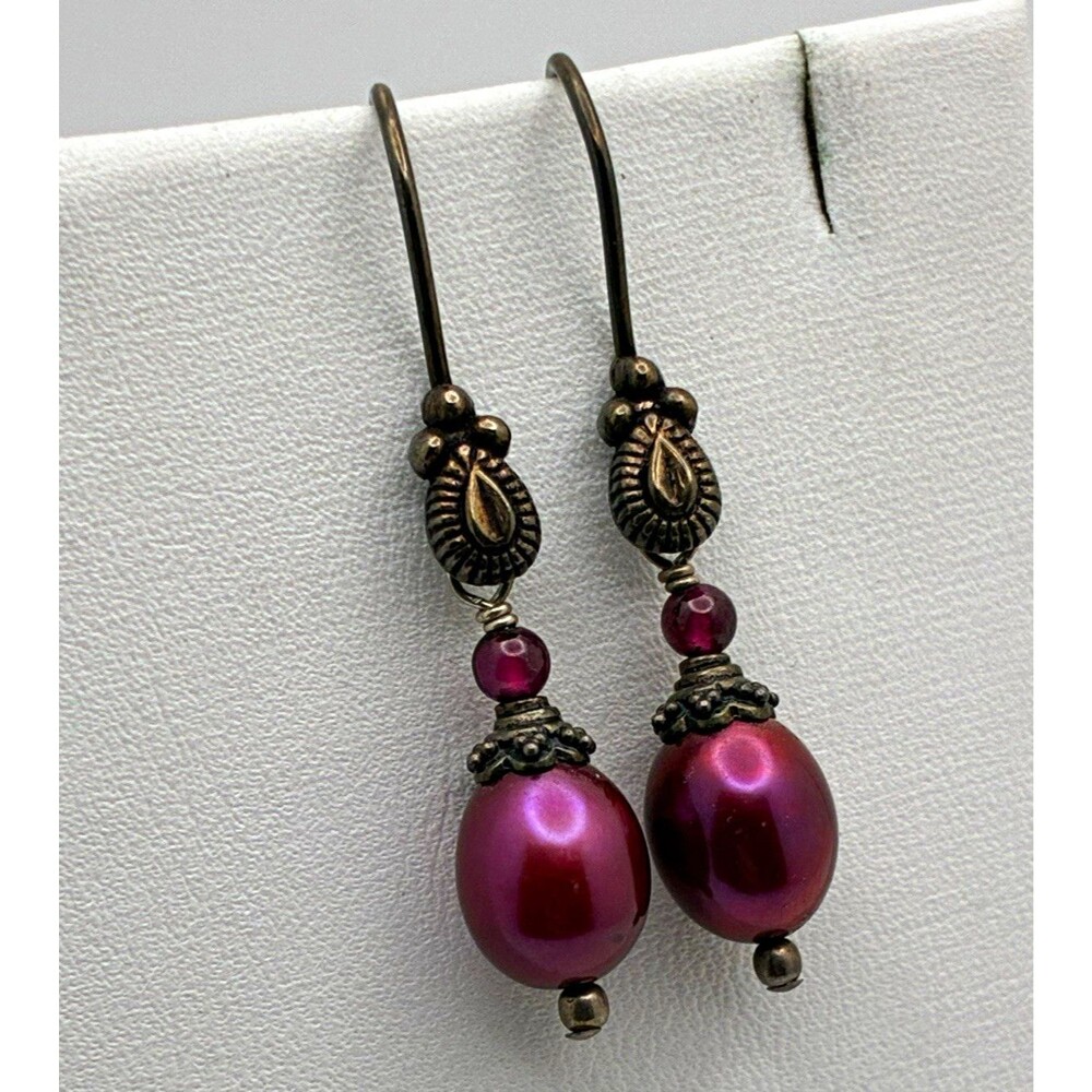 Purple Oval Simulated Pearl Dangle Drop Hook Earrings Sterling Silver TESTED